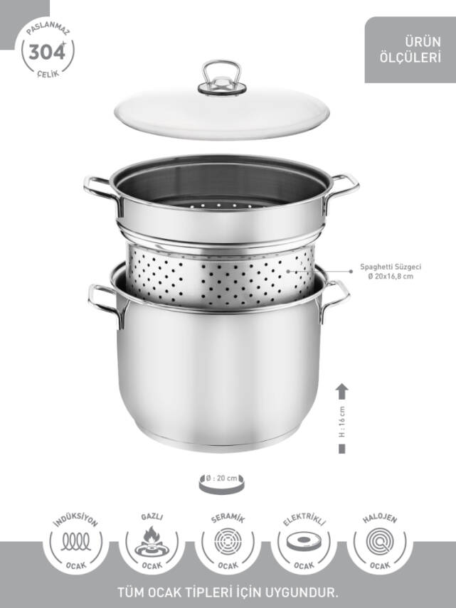 Hascevher 20 cm Haşlama Süzgeçli Spaghetti Tencere - 3