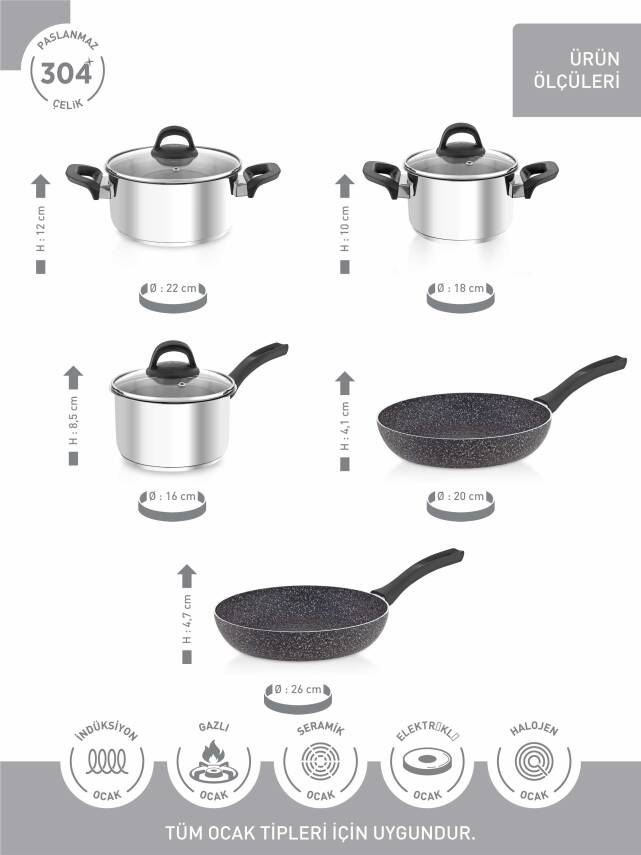 Hascevher 8 Pcs Anett Set - 16 Sütlük - 18-22 Tencere - 20-26 Roller Tava - 3