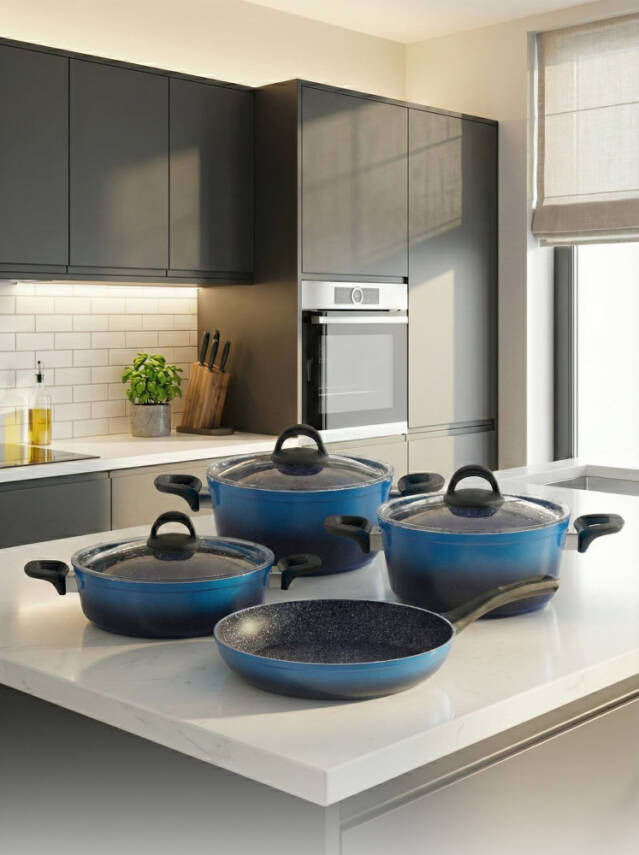 Hascevher Gloria 7 Pcs Silikon Tencere Seti 2.7mm (18/22Ten/26Kar/26Tv) Renk: SİYAH MAVİ - 1