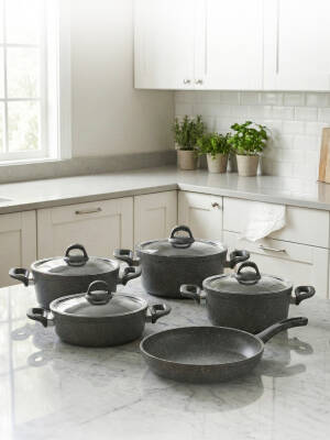 Hascevher Granit 9 Pcs Beren Set Cam Kapaklı 4mm (20/24/30Ten/28Kar/28Tv)	Renk: GRİ - Hascevher