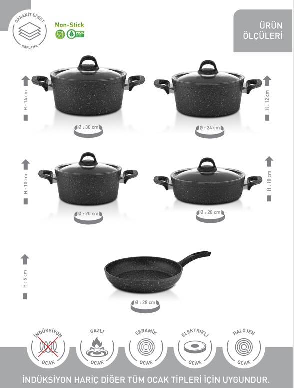 Hascevher Granit 9 Pcs Beren Set Cam Kapaklı 4mm (20/24/30Ten/28Kar/28Tv)	Renk: GRİ - 3