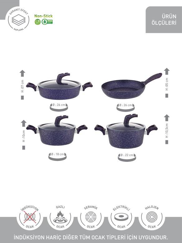 Hascevher Karina 7 Pcs Granit Vega Tencere Seti (18/22Ten/26Kar/26Tv) RENK: MOR - 3