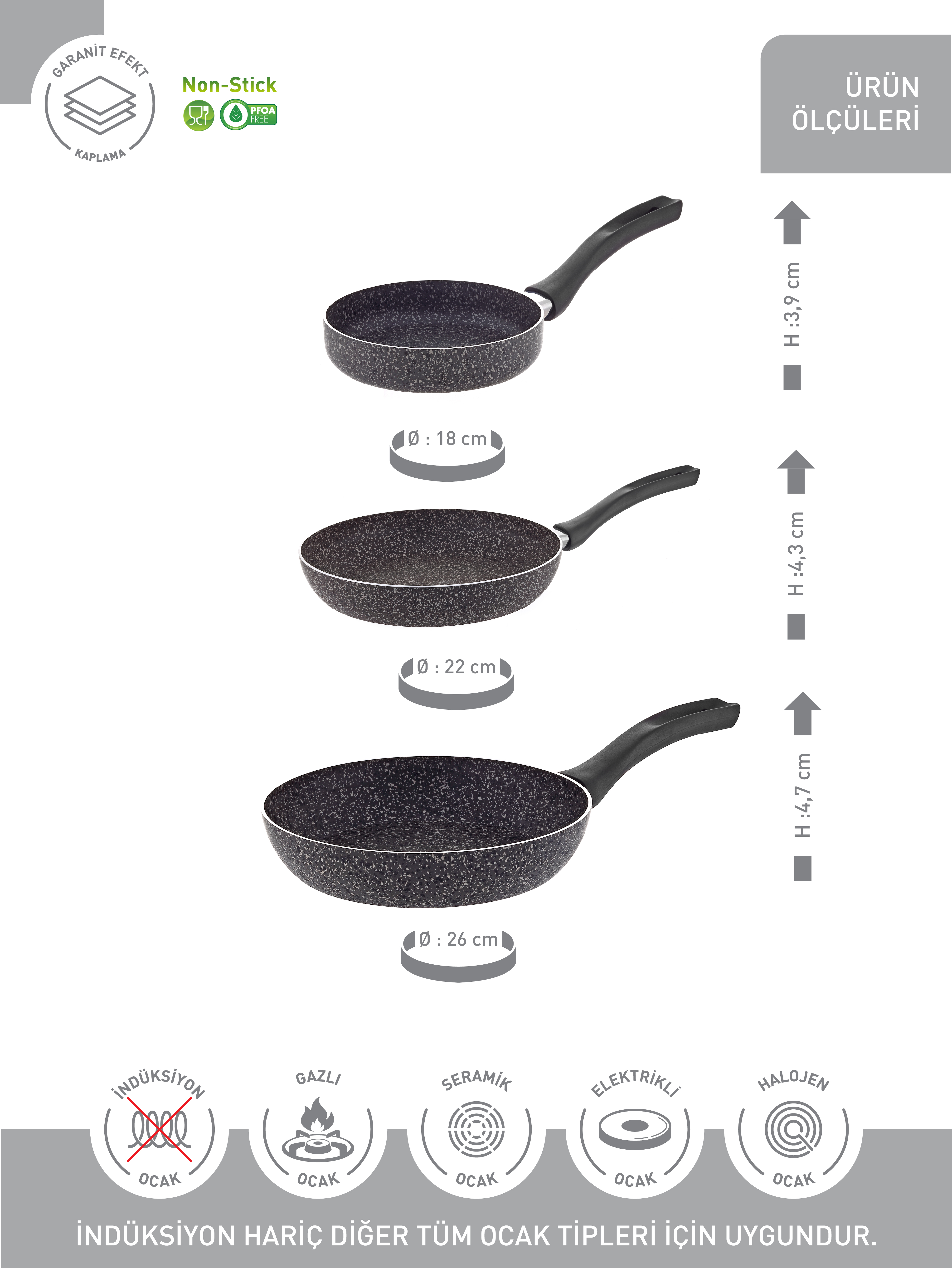 Hascevher Lavilla Prime Granit 3 Pcs Tava Seti (18/22/26) 2.2 mm - 3