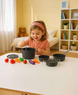 Hascevher Mini Chef Granit Oyuncak 6 PCS Tencere Seti (Granit Kaplamalı) - Hascevher