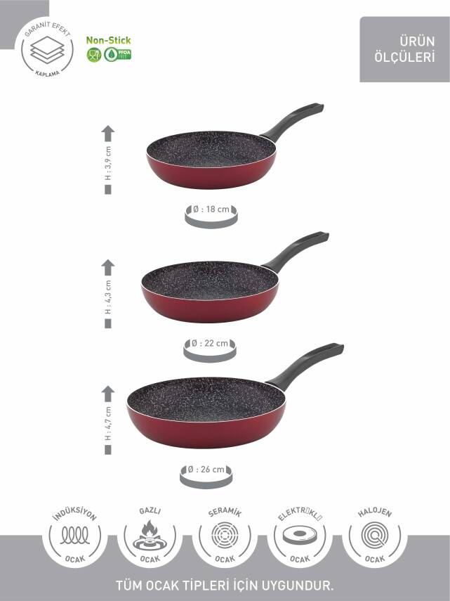 Hascevher Prime Granit 3 Pcs Tava Seti Kapaksız İndüksiyonlu - 18 - 22 - 26cm - 3