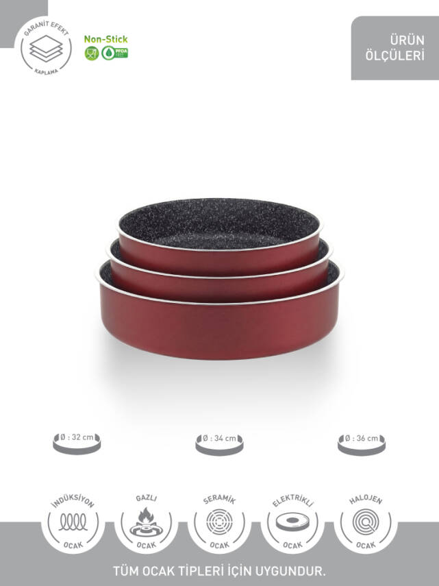 Hascevher Prime Granit 3 Pcs Yuvarlak Tepsi Seti İndüksiyonlu (32/34/36) 2.2 mm	Renk: KIRMIZI - 3