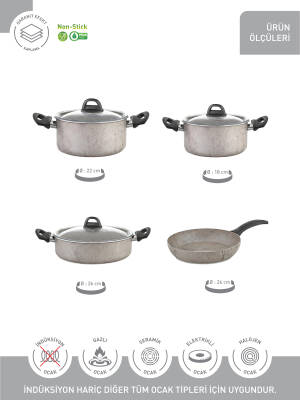 Hascevher Terra 7 Pcs Nonstick Set Cam Kapaklı(18/22Ten/26Kar/26Tv)	Renk: Krem Siyah - 3