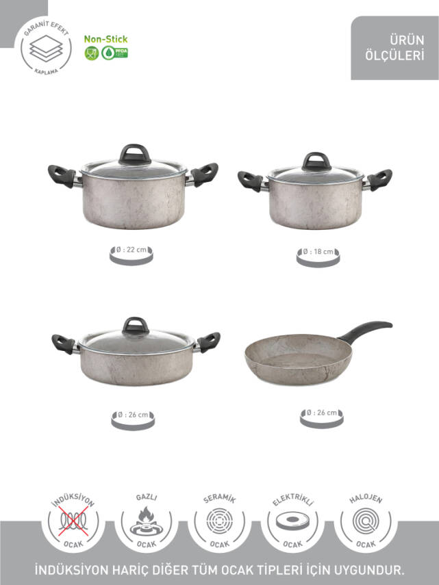 Hascevher Terra 7 Pcs Nonstick Set Cam Kapaklı(18/22Ten/26Kar/26Tv)	Renk: Krem Siyah - 3