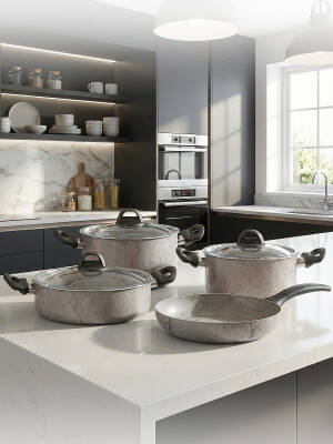 Hascevher Terra 7 Pcs Nonstick Set Cam Kapaklı(18/22Ten/26Kar/26Tv)	Renk: Krem Siyah - Hascevher