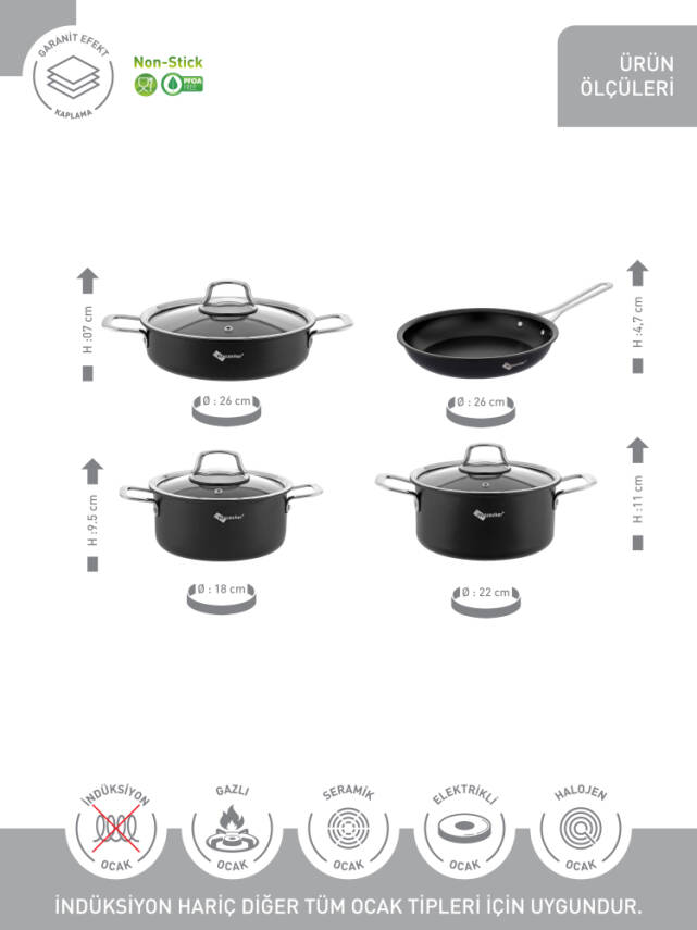 Hascevher Veronica 7 Pcs Nonstick Uygar Swiss Tencere Seti(18/22Ten/26Kar/26Tv) - 3
